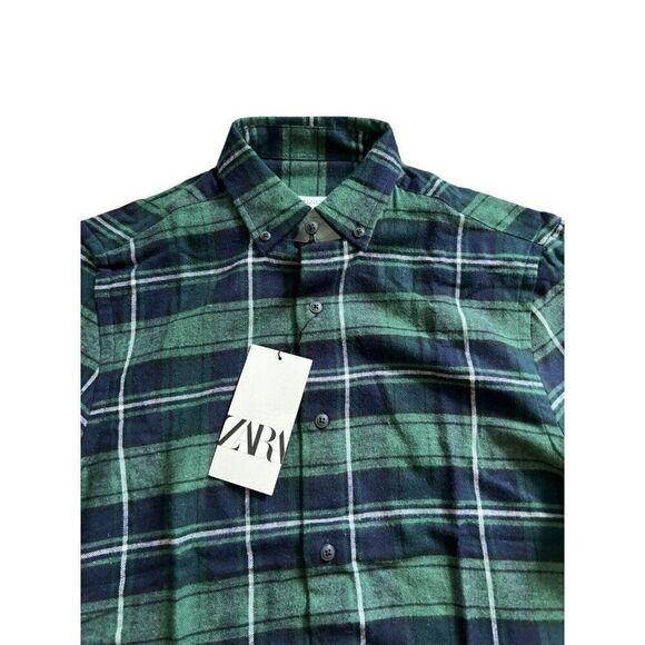 Zara Men Shirt S Green Cotton Plaid Flannel Long Sleeve Button Down 5679/400 NWT - Picture 4 of 13